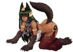  3: all_fours animal_ears anubis_(monster_girl_encyclopedia) armlet ass back barbariank bare_shoulders blush breasts claws dark_skin egyptian full_body fur gold green_hair jewelry long_hair medium_breasts monster_girl monster_girl_encyclopedia non-web_source paws red_eyes resized solo tail transparent_background v-shaped_eyebrows 