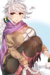  asymmetrical_hair boots braid breasts brown_coat capelet casual coat cross-laced_footwear green_skirt hair_between_eyes impossible_clothes jitome kantai_collection knee_boots lace-up_boots large_breasts long_hair looking_at_viewer open_mouth pantyhose pink_footwear purple_scarf scarf silver_hair single_braid skirt snow snowing solo sweatdrop thighband_pantyhose unryuu_(kantai_collection) very_long_hair wavy_mouth yamaarashi yellow_eyes 