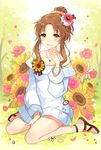  apring bad_id bad_pixiv_id banned_artist bare_shoulders between_legs blush brown_hair dress eyebrows_visible_through_hair flower hair_flower hair_ornament hair_scrunchie hand_between_legs hand_up idolmaster idolmaster_cinderella_girls jewelry light_smile looking_at_viewer necklace off_shoulder parted_lips pink_flower pink_rose ponytail rose scrunchie sitting solo sunflower sweater sweater_dress takamori_aiko wariza wavy_hair 