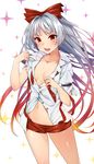  adapted_costume arm_belt asymmetrical_sleeves bangs belt belt_buckle blonde_hair breasts buckle collarbone collared_shirt commentary_request cowboy_shot dress_shirt eyebrows_visible_through_hair floating_hair fujiwara_no_mokou gradient_hair grey_hair hair_ribbon highres hot komazuki_(komaworks240) long_hair looking_at_viewer multicolored_hair navel open_mouth orange_hair partially_unbuttoned red_eyes red_hair red_shorts ribbon shiny shiny_skin shirt short_shorts shorts silver_hair small_breasts solo sparkle stomach suspender_shorts suspenders sweat torn_clothes torn_shirt torn_sleeves touhou very_long_hair weapon white_background white_shirt 