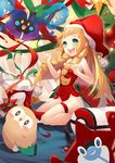  alternate_hair_color aqua_eyes bag bare_arms bare_shoulders bird blonde_hair blush braid breasts christmas christmas_ornaments christmas_stocking christmas_tree cosmog dress duffel_bag fingernails gen_4_pokemon gen_7_pokemon handbag hat highres legendary_pokemon lillie_(pokemon) long_hair no_panties o-yatsu open_mouth owl poke_ball poke_ball_theme pokemon pokemon_(creature) pokemon_(game) pokemon_sm red_dress red_hat rotom rotom_dex rowlet santa_costume santa_hat see-through short_dress sitting small_breasts smile sparkle star strapless strapless_dress streamers teeth thigh_strap tongue tree twin_braids wariza 