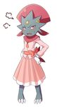  blush bow dress fang gen_4_pokemon hair_ornament hands_on_hips jalm no_humans open_mouth pink_bow pink_dress pokemon pokemon_(creature) red_eyes solo standing weavile white_background 