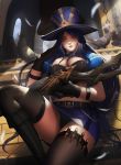  1girl ammunition bell belt belt_buckle bird black_panties boots breasts buckle bullet caitlyn_(league_of_legends) chains chimney feathers gloves gun hat highres holding holding_gun holding_weapon house kaze_no_gyouja league_of_legends long_hair panties pantyshot parted_lips pigeon purple_eyes purple_hair rifle sitting sky solo thighhighs underwear weapon 
