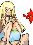  &gt;:( bangs bare_arms blonde_hair blunt_bangs braid closed_mouth collared_dress crack dakusuta dress egg frown gen_4_pokemon green_eyes highres lillie_(pokemon) long_hair no_hat no_headwear pokemon pokemon_(anime) pokemon_(creature) pokemon_sm_(anime) rotom rotom_dex simple_background sitting sleeveless sleeveless_dress sparkle sundress sweat twin_braids v-shaped_eyebrows white_background white_dress 