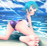  10s 1girl :o arm_support ass bangs bare_shoulders barefoot blue_eyes blue_hair blue_sky blunt_bangs blush cameltoe cloud day ether-core feet female from_behind hairband looking_at_viewer looking_back matching_hair/eyes one-piece_swimsuit outdoors pokemon pokemon_(game) pokemon_sm shiny shiny_skin short_hair sky solo suiren_(pokemon) swimsuit swimsuit_under_clothes toes water 