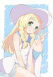  2016 :o absurdres artist_name bangs bare_arms between_legs blonde_hair blunt_bangs braid collarbone collared_dress covered_navel dated dress enjo_(by555340) green_eyes hat highres kneehighs lillie_(pokemon) long_hair open_mouth pokemon pokemon_(game) pokemon_sm shiny shiny_skin sitting sleeveless sleeveless_dress solo sun_hat sundress twin_braids v white_dress white_hat white_legwear 