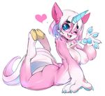  animal_ears anthro blue_eyes breasts cat_ears claws fang furry heart horn horse_tail laying lego nipples pink_fur pink_hair princess_unikitty simple_background slugbox star-shaped_pupils symbol-shaped_pupils tail the_lego_movie white_background wink 