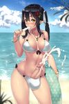  1girl beach bikini black_hair blush bracelet breasts bulge cum ejaculation elf elzikyuchi erection female flower food futanari hair_flower hair_ornament handsfree_ejaculation houtengeki innertube jewelry large_breasts long_hair looking_at_viewer navel necklace outdoors penis pointy_ears popsicle solo swimsuit testicles uncensored white_bikini white_swimsuit yellow_eyes 