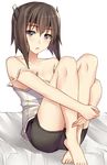  :o bare_shoulders barefoot bed_sheet bike_shorts black_shorts breasts brown_hair cleavage collarbone expressionless eyebrows_visible_through_hair hair_between_eyes headband highres jitome kantai_collection knees_up leg_hug legs_up looking_at_viewer medium_breasts on_bed open_mouth pallad purple_eyes short_hair shorts simple_background sitting sleeveless solo strap_slip taihou_(kantai_collection) tank_top white_background 