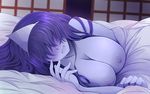  arano_oki bed_sheet blanket blue_skin blush breasts cleavage covered_eyes embarrassed facing_viewer fingernails ghost hair_over_eyes indoors large_breasts long_hair lying nipples nude okiku_(banchou_sarayashiki) on_side purple_hair shiny shiny_skin sliding_doors solo touhou triangular_headpiece upper_body 