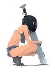  2ngaw bare_back baseball_bat crop_top crop_top_overhang full_body gloves helmet highres motorcycle_helmet nail nail_bat shoes short_shorts shorts sneakers solo squatting untied_shoe weapon 
