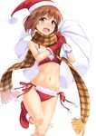  bikini blush brown_eyes brown_hair fur_trim hagiwara_yukiho hat idolmaster idolmaster_(classic) miri_(ago550421) navel open_mouth plaid plaid_scarf pom_pom_(clothes) red_bikini red_scarf santa_costume santa_hat sash scarf short_hair side-tie_bikini simple_background solo swimsuit white_background 