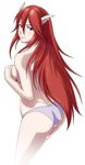  1girl ass breasts covering dimples_of_venus fire_emblem fire_emblem:_kakusei from_behind long_hair looking_at_viewer looking_back nintendo panties purple_panties red_eyes red_hair simple_background smile solo standing thor_(deep_rising) tiamo topless underwear very_long_hair 