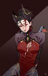  1girl alternate_costume bad_id bad_pixiv_id black_hair blood blood_on_face bodysuit bound bound_arms breasts broken brown_background commentary dark_persona demon_horns devil_mercy earrings facial_mark forehead_mark grey_background hair_between_eyes horns injury jewelry looking_at_viewer mechanical_wings medium_breasts mercy_(overwatch) no_bra one_eye_closed orange_wings overwatch parted_lips ponytail red_eyes sitting solo stud_earrings torn_bodysuit torn_clothes upper_body wings 