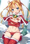  abukuma_(kantai_collection) ass_visible_through_thighs bell bikini blonde_hair blue_eyes blush breasts breath christmas double_bun elbow_gloves gloves hair_rings kantai_collection long_hair micro_bikini red_bikini red_gloves red_legwear shawl side-tie_bikini small small_breasts snow solo swimsuit thighhighs unacchi_(nyusankin) 