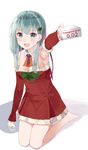  :d aqua_hair arm_at_side arm_warmers armpits ascot bangs bare_legs bare_shoulders barefoot blue_eyes blush bow box breasts character_name christmas christmas_tree_hair_ornament cleavage denkitori detached_collar dress eyebrows_visible_through_hair full_body green_bow hair_ornament highres holding kantai_collection kneeling knees_together_feet_apart long_hair looking_at_viewer medium_breasts open_mouth outstretched_arm red_dress santa_costume shadow simple_background smile solo strapless strapless_dress suzuya_(kantai_collection) white_background wing_collar 