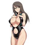  bangs black_swimsuit breasts brown_eyes brown_hair center_opening closed_mouth cowboy_shot girls_und_panzer hands_on_own_chest koujun_(mugenzero) large_breasts light_smile long_hair looking_at_viewer mika_(girls_und_panzer) navel navel_cutout no_hat no_headwear one-piece_swimsuit simple_background solo standing swimsuit white_background 