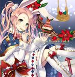  2016 animal_ears aoi_(kirabosi105) bell blonde_hair boots bow box bunny_ears cross-laced_footwear dated dessert flower food fork fur-trimmed_sleeves fur_trim gift gift_box green_eyes leaf long_hair long_sleeves merry_christmas original pink_flower pink_rose red_bow red_flower rose shirt sidelocks sitting skirt smile snowflakes solo twintails white_footwear white_shirt white_skirt 