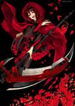  1girl black_hair boots cape crescent_rose gothic_lolita hood lolita_fashion pantyhose red_cape ruby_rose rwby scythe short_hair smile solo 