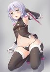  :o aqua_eyes armpits bandaged_arm bandages bangs bare_shoulders belt black_belt black_legwear black_panties blush breasts center_opening crop_top dual_wielding fang fate/apocrypha fate_(series) gloves grey_background groin highres holding holding_weapon jack_the_ripper_(fate/apocrypha) kneeling knife looking_at_viewer midriff navel no_pants open_mouth panties reinama scar scar_across_eye shoes short_hair silver_hair single_glove sleeveless small_breasts solo tattoo thighhighs underwear v-shaped_eyebrows weapon 