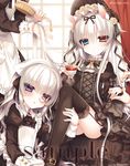  alice_claudia animal_ears black_legwear garter_straps gothic_lolita heterochromia lolita_fashion long_hair maid monocle multiple_girls original puffy_sleeves rolo_noir sample thighhighs tsukikage_nemu twitter_username white_hair 