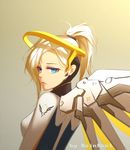 bangs blonde_hair bodysuit breasts from_side glowing glowing_wings gradient gradient_background halo high_collar lips lipstick makeup mascara mechanical_halo mechanical_wings medium_breasts mercy_(overwatch) overwatch ponytail qingchen_(694757286) solo turtleneck upper_body wings 