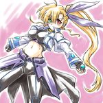  adapted_costume blonde_hair blush breasts fingerless_gloves gloves green_eyes heterochromia jacket large_breasts long_hair looking_at_viewer lyrical_nanoha mahou_shoujo_lyrical_nanoha_vivid midriff navel older pants red_eyes san-pon skin_tight solo tight tight_pants very_long_hair vivid_strike! vivio 