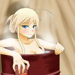  bathing blonde_hair blue_eyes breasts cleavage cup drum_(container) hanna-justina_marseille long_hair medium_breasts niki_(t26gfaxt) nude solo steam strike_witches world_witches_series 