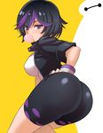  ass bent_over big_hero_6 bike_shorts black_hair black_jacket blush breasts bubble_blowing chewing_gum commentary_request cowboy_shot from_behind gogo_tomago jacket konno_tohiro looking_at_viewer looking_back medium_breasts multicolored_hair open_clothes open_jacket purple_eyes purple_hair shirt short_hair solo two-tone_hair white_shirt 