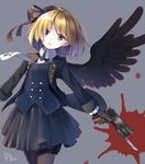  2016 bayonet black_gloves black_legwear black_ribbon black_skirt black_wings blonde_hair bow bowtie buttons commentary cowboy_shot dated eyes_visible_through_hair feathered_wings gloves gothic_lolita grey_background gun hair_ornament hair_over_one_eye hair_ribbon handgun holding holding_gun holding_weapon holster jacket lolita_fashion long_sleeves looking_at_viewer m1911 makadamixa necktie original outstretched_arms paint_splatter pantyhose parted_lips pistol pleated_skirt red_eyes ribbon short_hair signature simple_background single_wing skirt solo thigh_holster trigger_discipline vest weapon wing_collar wings 