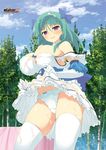  armpits bangs bare_shoulders bashou_(senran_kagura) blue_bow blush bow breasts cleavage cloud copyright_name corset cowboy_shot cream day dress dress_lift elbow_gloves forest gloves green_hair hair_bow highres large_breasts lifted_by_self long_hair looking_at_viewer nature off-shoulder_dress off_shoulder official_art outdoors panties parted_lips purple_eyes senran_kagura senran_kagura_new_wave sideboob sidelocks sky smile solo suggestive_fluid thighhighs torn_clothes torn_dress underwear white_dress white_gloves white_legwear white_panties yaegashi_nan 
