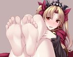  :o arm_warmers bangs barefoot blonde_hair blush bow brown_background cape capelet commentary_request earrings ereshkigal_(fate/grand_order) fate/grand_order fate_(series) feet hair_bow jewelry legs legs_together legs_up long_hair looking_at_viewer naturalton nose_blush open_mouth parted_bangs red_bow red_cape red_eyes simple_background soles solo sweat tiara toes twintails two_side_up v-shaped_eyebrows 