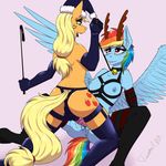  2016 anthro anthrofied anus applejack_(mlp) areola biting_lip blonde_hair blonde_tail blue_feathers blush breasts butt clothed clothing cutie_mark dildo duo earth_pony elbow_gloves equine eyeshadow fake_antlers feathered_wings feathers female female/female friendship_is_magic gloves hair half-closed_eyes hat hi_res holding_object horse leash legwear lipstick long_hair makeup mammal multicolored_hair multicolored_tail my_little_pony nipples open_mmouth pegasus penetration pony pussy rainbow_dash_(mlp) rainbow_hair riding_crop sex_toy simple_background spread_legs spreading strapon twotail813 vaginal vaginal_penetration whip wings 