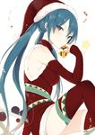  alternate_costume arm_warmers blue_eyes blue_hair blue_nails blush box breasts dress eyebrows_visible_through_hair from_side gift gift_box hat hatsune_miku holding holding_gift knee_up long_hair looking_at_viewer looking_to_the_side lpip medium_breasts nail_polish red red_dress red_hat red_legwear santa_costume simple_background sitting sleeveless sleeveless_dress smile solo thighhighs tsurime twintails vocaloid white_background zettai_ryouiki 