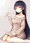  &gt;:) agano_(kantai_collection) bangs bare_shoulders barefoot black_hair blush breasts cleavage collarbone commentary_request dress eyebrows_visible_through_hair green_eyes grey_background holding jitome kantai_collection large_breasts long_hair mimikaki off_shoulder patting_lap plan_(planhaplalan) ribbed_sweater shadow sitting smile smug solo sweater sweater_dress v-shaped_eyebrows wariza 