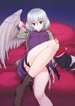  ankle_boots bare_legs black_eyes boots bow bowtie breasts brown_footwear convenient_leg creature doremy_sweet doremy_sweet_(baku) dress eyebrows_visible_through_hair feathered_wings grey_jacket grey_wings hand_on_own_knee hat head_tilt highres jacket kakone kishin_sagume leaning_back leg_up long_sleeves looking_at_viewer medium_breasts nightcap open_clothes open_jacket pink_eyes purple_background purple_dress red_bow red_hat red_neckwear short_hair silver_hair simple_background single_wing sitting thighs touhou wings 