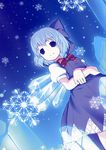  blue blue_background blue_bow blue_dress blue_eyes blue_hair bow cirno crossed_arms dress dutch_angle embellished_costume hair_bow ice ice_wings jpeg_artifacts looking_away puffy_short_sleeves puffy_sleeves red_bow shiratama_dango short_hair short_sleeves smile snow snowflakes snowing solo touching touhou wings 