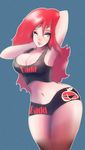  breasts cleavage highres large_breasts logo red_hair solo tank_top thighs xpisigma 