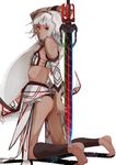  altera_(fate) arm_up ass bangs barefoot black_nails black_panties blunt_bangs dark_skin detached_sleeves fate/extella fate/extra fate/grand_order fate_(series) from_side full_body grey_hair highres holding holding_sword holding_weapon kneeling leg_warmers midriff mugcup nail_polish panties photon_ray red_eyes ribs simple_background skinny solo strapless sword tattoo tubetop underwear veil weapon white_background 