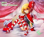  2016 alternate_costume arikanrobo arm_support ascot bed blonde_hair blush boots boots_removed breasts canopy_bed capelet christmas closed_mouth commentary_request full_body gloves hair_ribbon looking_at_viewer merry_christmas on_bed pink_eyes red_footwear red_gloves red_ribbon ribbon rumia signature sitting skirt small_breasts smile solo striped striped_legwear thighhighs touhou white_skirt 