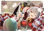  animal_ears bangs blush breasts claw_(weapon) claws cleavage collar erune fangs fur_trim gloves granblue_fantasy hair_between_eyes large_breasts long_hair looking_at_viewer marusan one_eye_closed open_mouth sen_(granblue_fantasy) silver_hair skirt smile solo weapon yarn yarn_ball 