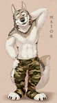  2016 anthro armpits canine claws clothing fur looking_at_viewer male mammal marjani simple_background smile solo standing text toe_claws wolf 