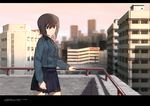  blurry brown_eyes brown_hair building cityscape comic depth_of_field fujibejifu girls_und_panzer hair_between_eyes holding_railing kuromorimine_school_uniform long_sleeves looking_at_viewer military military_uniform nishizumi_maho on_roof outdoors pleated_skirt railing shadow short_hair skirt skyscraper smile solo translation_request uniform window 