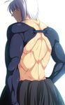  absurdres ahoge alternate_costume amazon_(taitaitaira) back_turned closed_mouth from_behind frown highres japanese_clothes male_focus manly mannosuke morichika_rinnosuke muscle nagatekkou scar shaded_face shirtless solo touhou upper_body white_hair 