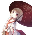  blonde_hair collarbone commentary_request highres holding holding_umbrella japanese_clothes long_sleeves looking_at_viewer looking_up miko oriental_umbrella original pleated_skirt red_eyes red_skirt ribbon-trimmed_sleeves ribbon_trim short_hair simple_background skirt solo umbrella umibouzu_(niito) white_background wide_sleeves 