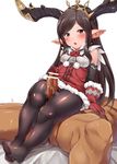  1girl antlers arulumaya bar_censor blush breath brown_hair censored christmas feet fur_trim gloves granblue_fantasy harvin long_hair mole mole_under_eye mushi024 no_shoes open_mouth pantyhose penis pointy_ears reindeer_antlers shiny shiny_clothes solo_focus sweat thigh_sex tiara 