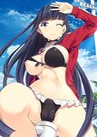 ;( bad_anatomy bangs bikini bikini_under_clothes black_bikini blue_eyes blue_sky blunt_bangs blush breast_slip breasts cameltoe choker cloud cloudy_sky covered_nipples cross day eyebrows_visible_through_hair fate/grand_order fate_(series) fingernails frills front-tie_top groin hand_up homu_(seven_deadly_sins) jacket jewelry large_breasts long_hair long_sleeves looking_at_viewer navel nipples one_breast_out open_clothes open_jacket palm_tree palms pendant red_jacket road_sign saint_martha saint_martha_(swimsuit_ruler)_(fate) shading_eyes sign sky solo stomach strap_gap swimsuit tree very_long_hair 