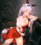  alcohol animal_ears bare_shoulders blush bracelet braid breasts cat_ears cleavage closed_eyes couch cup dress drinking_glass drunk erune granblue_fantasy hairband heles jewelry large_breasts long_hair necklace pyz_(cath_x_tech) red_dress ring silver_hair single_braid sitting solo wine wine_glass 