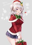  :d alternate_costume alternate_headwear asle bell box breasts cape christmas cowboy_shot eyebrows_visible_through_hair fur-trimmed_sleeves fur_trim gift gift_box grey_background hair_bell hair_ornament hat heart holly kantai_collection kashima_(kantai_collection) legs_together long_sleeves looking_at_viewer medium_breasts miniskirt open_mouth pleated_skirt red_hat red_sweater round_teeth santa_hat shiny shiny_skin silver_hair simple_background skirt smile solo standing sweater teeth tsurime wavy_hair 