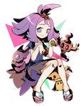  :3 acerola_(pokemon) blush dress dusk_ball feet flipped_hair gen_3_pokemon gen_6_pokemon gen_7_pokemon hair_ornament hairclip keijou_(cave) looking_at_viewer mimikyu paw_pose phantump poke_ball pokemon pokemon_(creature) pokemon_(game) pokemon_sm purple_dress purple_eyes purple_hair sableye sandals short_hair short_sleeves simple_background sitting skirt solo_focus trial_captain wavy_mouth white_background 